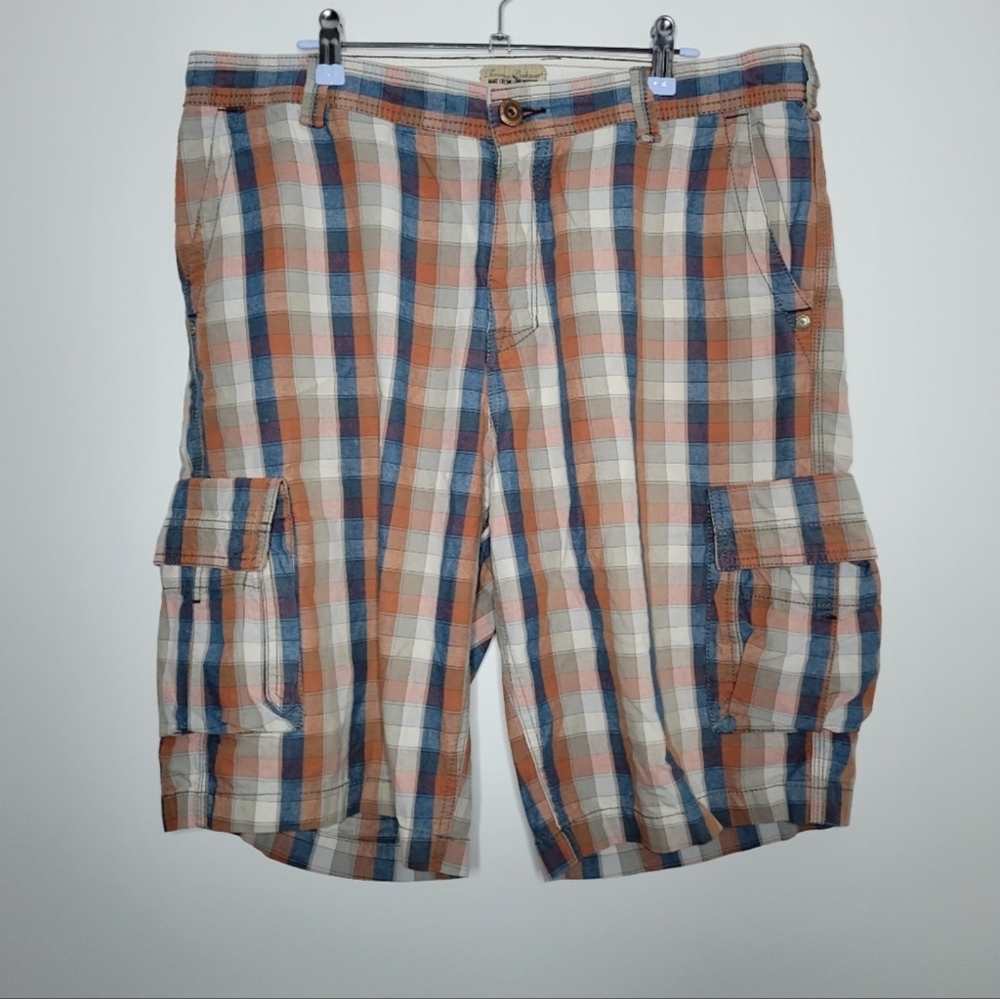 Tommy Bahama Men's Orange Blue Plaid Check Summer Cargo Cotton Shorts 35